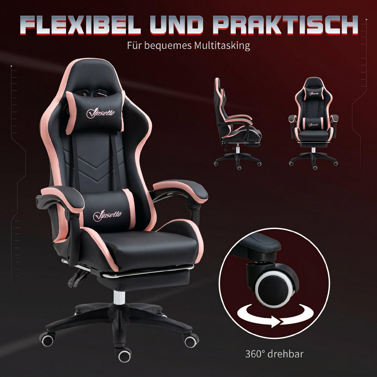 GAMINGSTUHL mit Kopf- und Lendenstütze Rosa + Schwarz - Schwarz, Kunststoff (65/129/65cm)