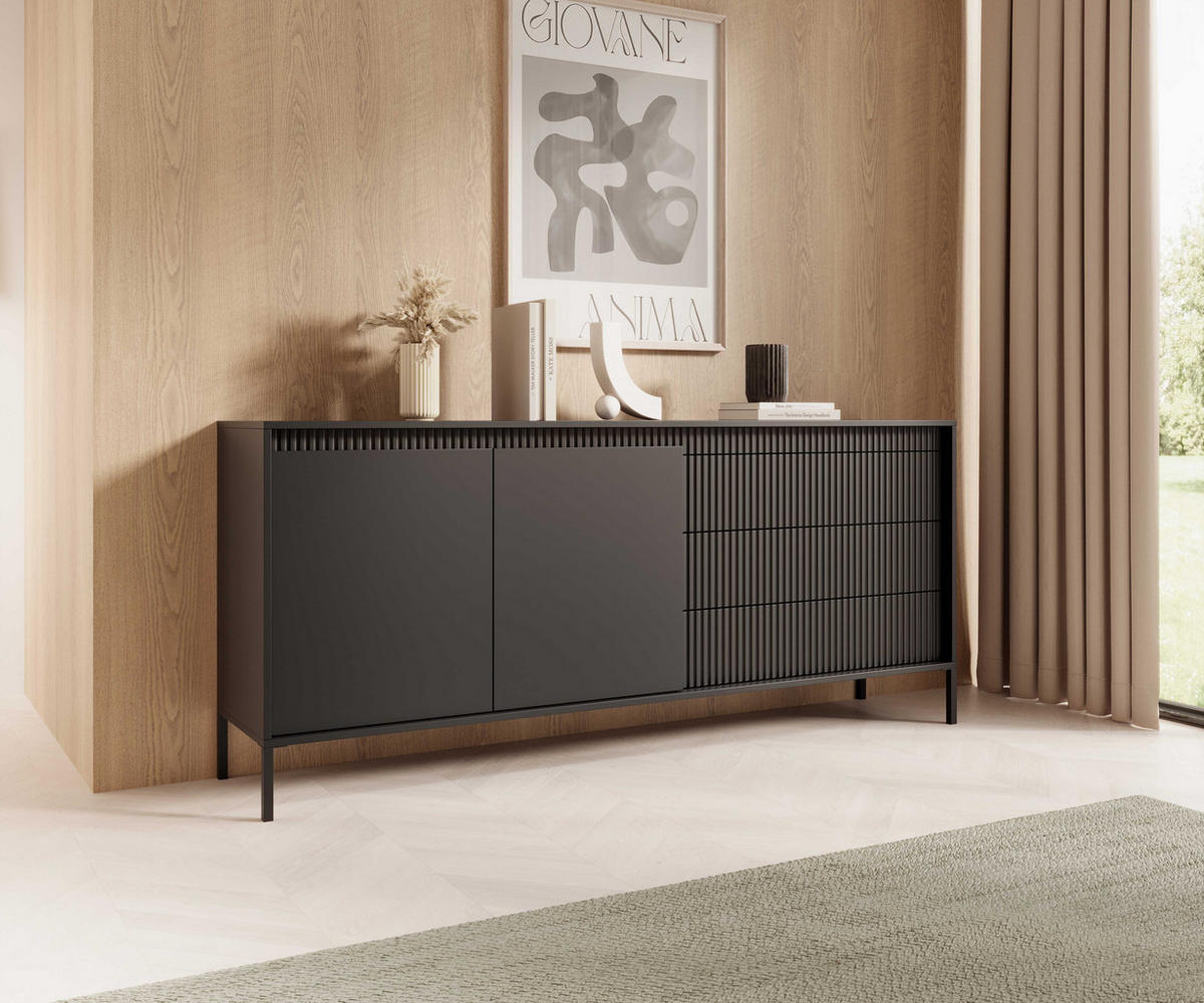 ​KOMMODE SENSO 2D3S, Geriffelte MDF-Fronten, Push-to-Open, Metallfüße, 187x81,4x39,5 cm - Schwarz - Schwarz, Holz/Holzwerkstoff (187/82/40cm) - DomoHome