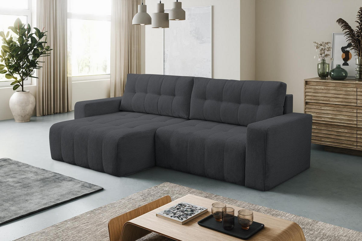 ECKSOFA Masina Dunkelgrau, Schlafsofa aus Cordstoff - Dunkelgrau, Holzwerkstoff (245/143cm) - Bettso