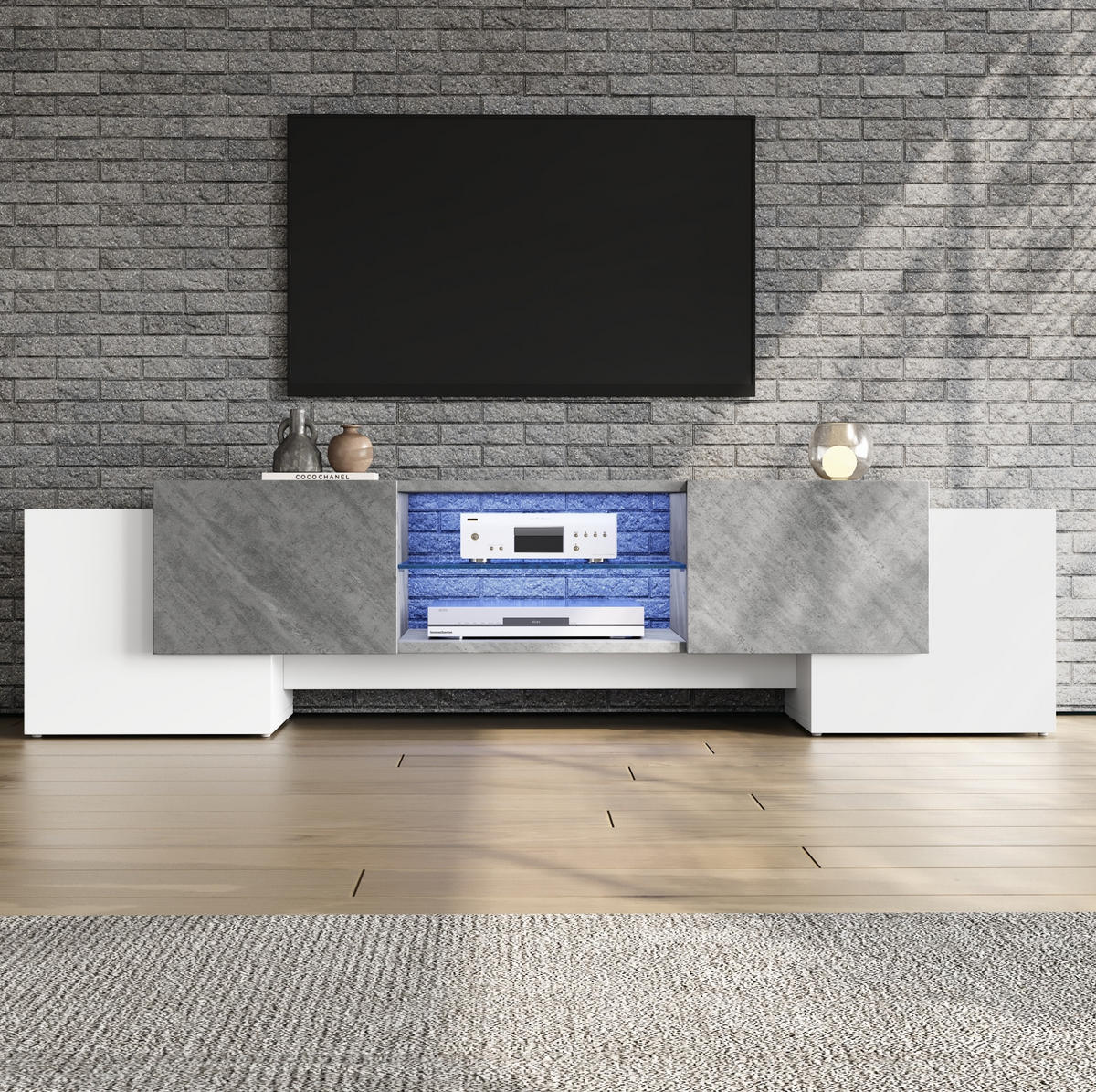 LOWBOARD 180/40/46,5 cm aus MDF mit LED-Lichtleiste und 4 Türen Weiß/Grau - Weiß, Holzwerkstoff (180/46.5/40cm) - Modenvie