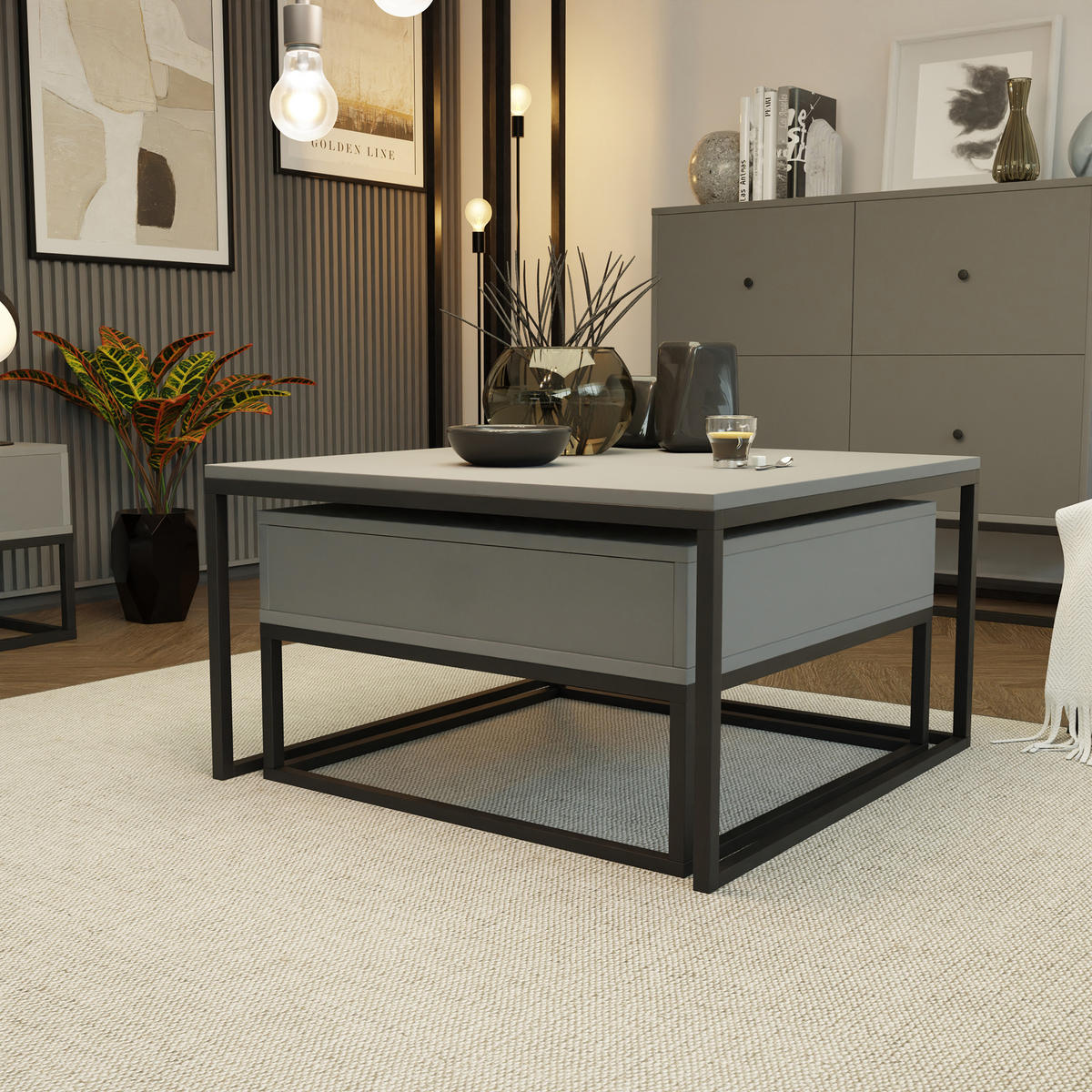 COUCHTISCH quadratisch Grau, MDF Tischplatte, Rahmen Schwarz - Schwarz/Grau, Holzwerkstoff (70/70/42cm) - Idohome