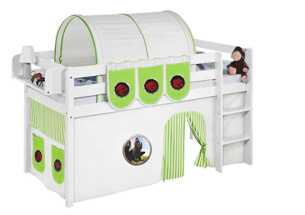 HOCHBETT Jelle mit DRAGONS Vorhang - Kinderbett - Weiß, Holz - Lilokids