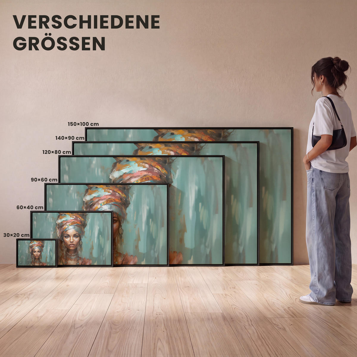 LEINWAND Bilder mit Rahmen - Frau - Kunst - Schmuck - Porträt - 150x100 - Blaugrau, Textil (150/100cm) - MuchoWow