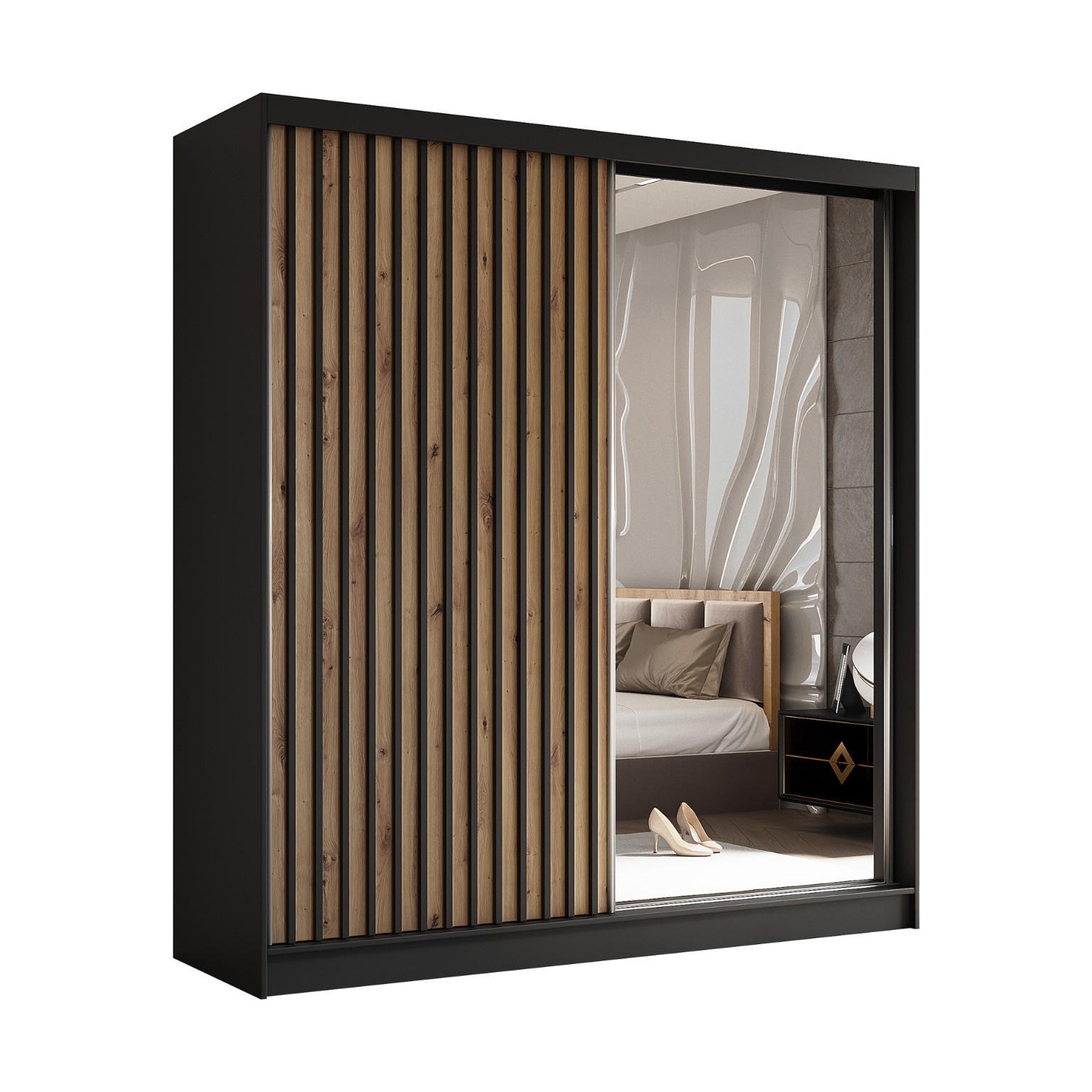 SCHWEBETÜRENSCHRANK Erika 200 cm mit Lamellen und Spiegel 2-türig, schwarz, Artisan, Lamelle schwarz - Schwarz/Braun, Kunststoff (200/216/51cm) - Margaret Hadas24