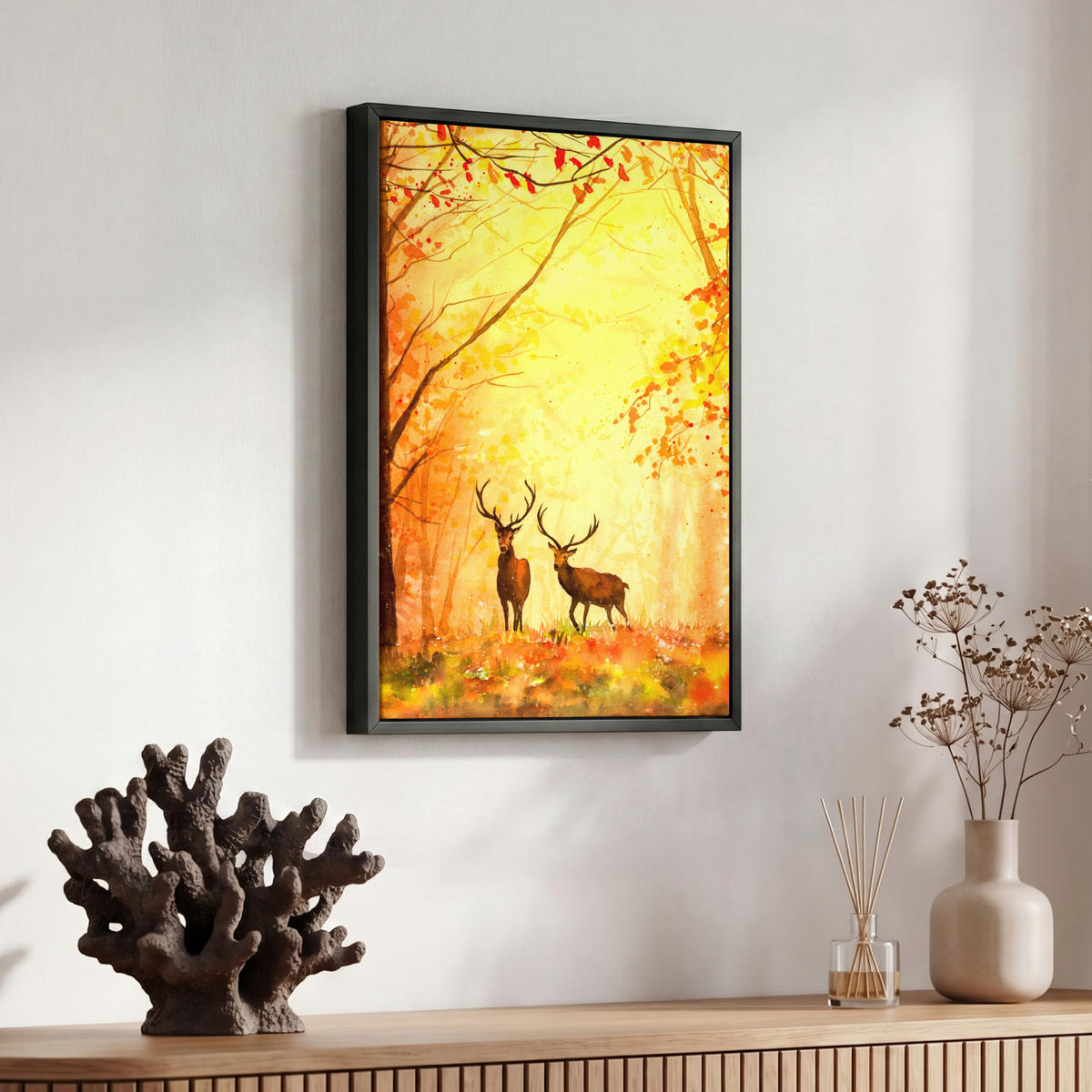 LEINWAND Bilder mit Rahmen - Natur - Ölfarbe - Hirsche - Tiere - Herbst - Orange - 30x40 - Orange, Textil (30/40cm) - MuchoWow