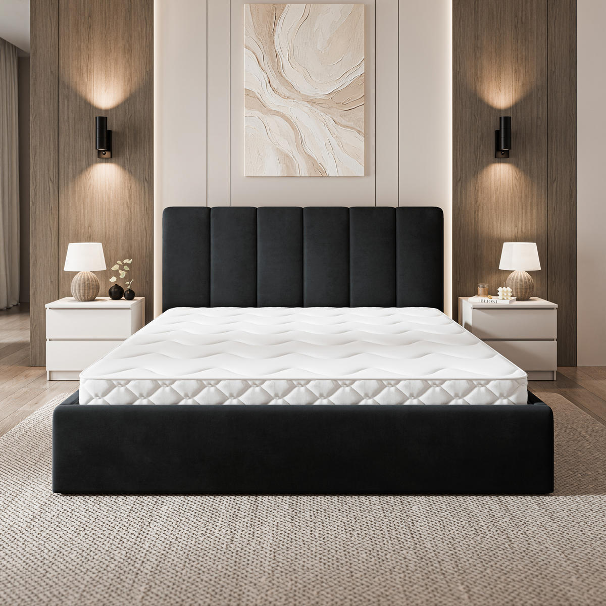 POLSTERBETT NEMIS 180x200 cm mit Bettkästen - Schwarz - Schwarz, Holz (180/200cm) - MASSENO