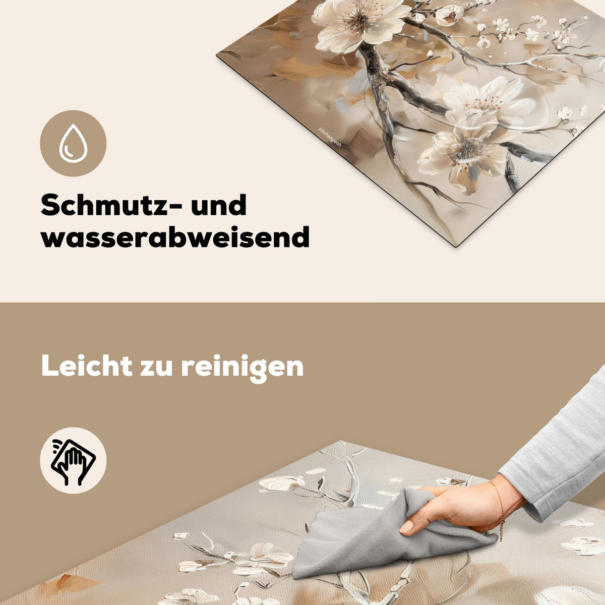 HERDABDECKPLATTE Blumen - Abstrakt - Gemalt - Beige 59x52 cm - Beige, Kunststoff (59/52/0.2cm) - MuchoWow