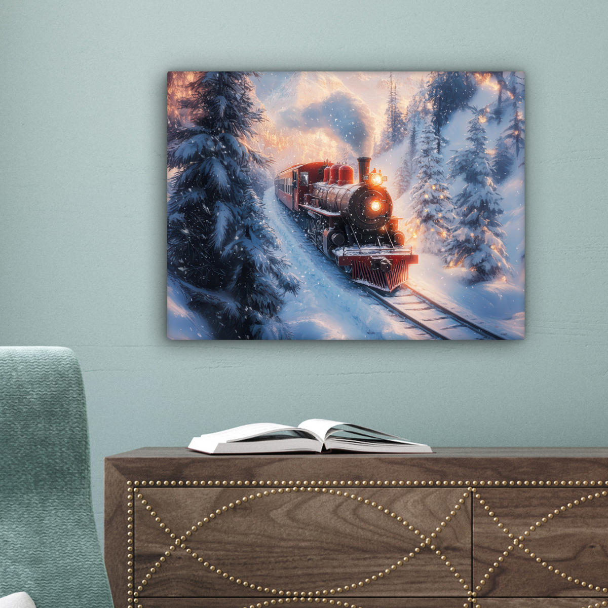 LEINWANDBILD Weihnachtszug - Schnee - Winter - Weihnachten 40x30 cm - Dunkelrot, Textil (40/30cm) - MuchoWow