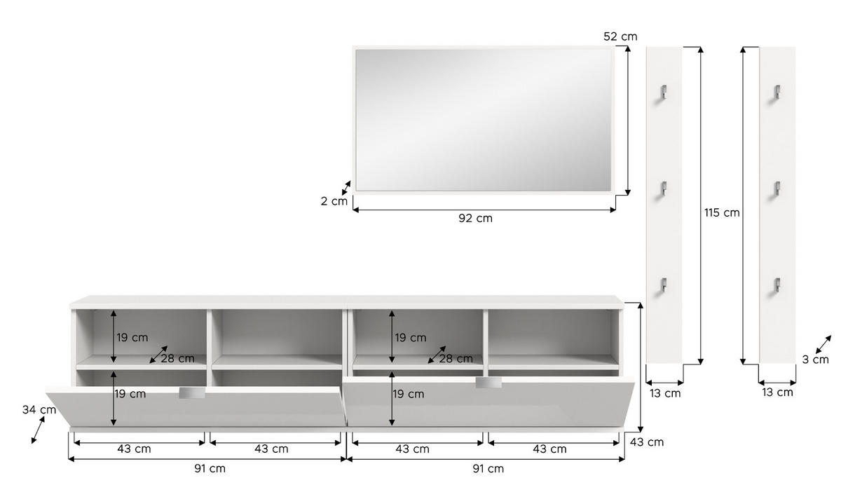 GARDEROBE Set 5-teilig weiß Hochglanz 238 cm, Garderobenkombination hängend - Chromfarben/Weiß Hochglanz, Glas/Holzwerkstoff (238/193/34cm) - Inn.Furn