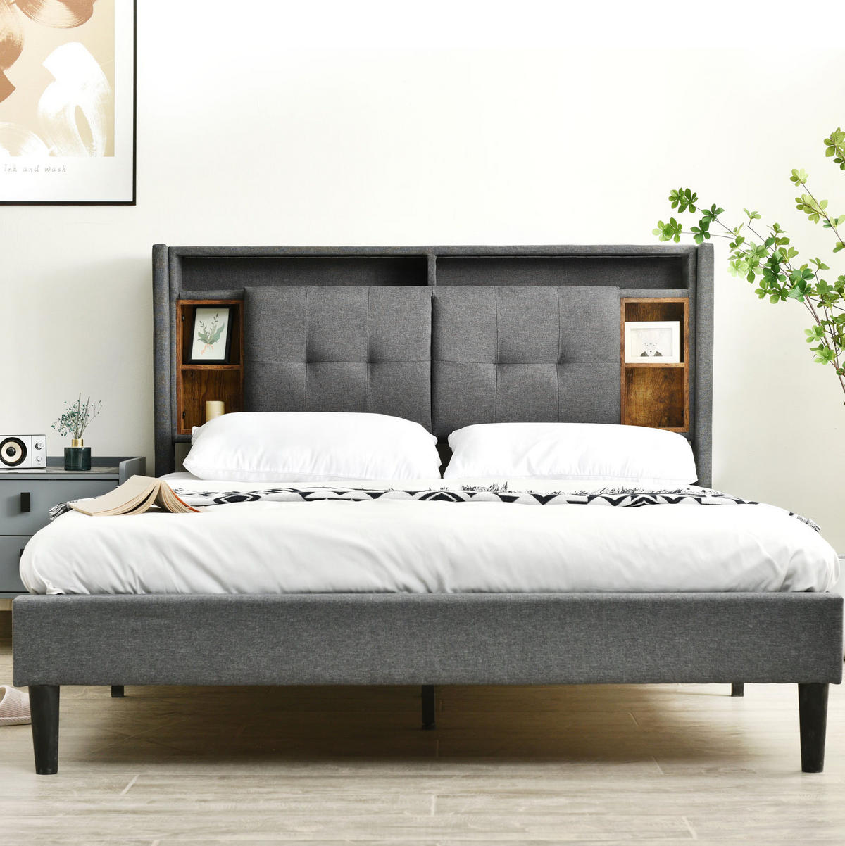 POLSTERBETT 160/200 cm Grau mit Stauraum und USB-Anschlüssen Mit Matratze - Grau, Holz (160/200cm) - OKWISH