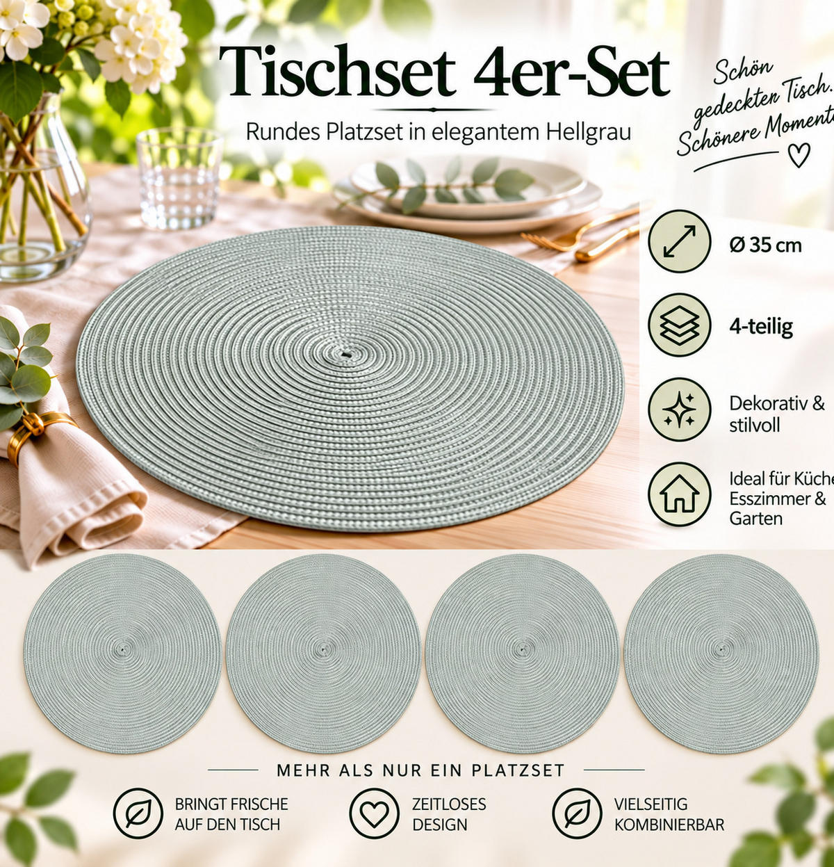 PLATZSET 4er Set Polypro Silber 35 cm rund - Silberfarben, Kunststoff (35cm) - TiborTex
