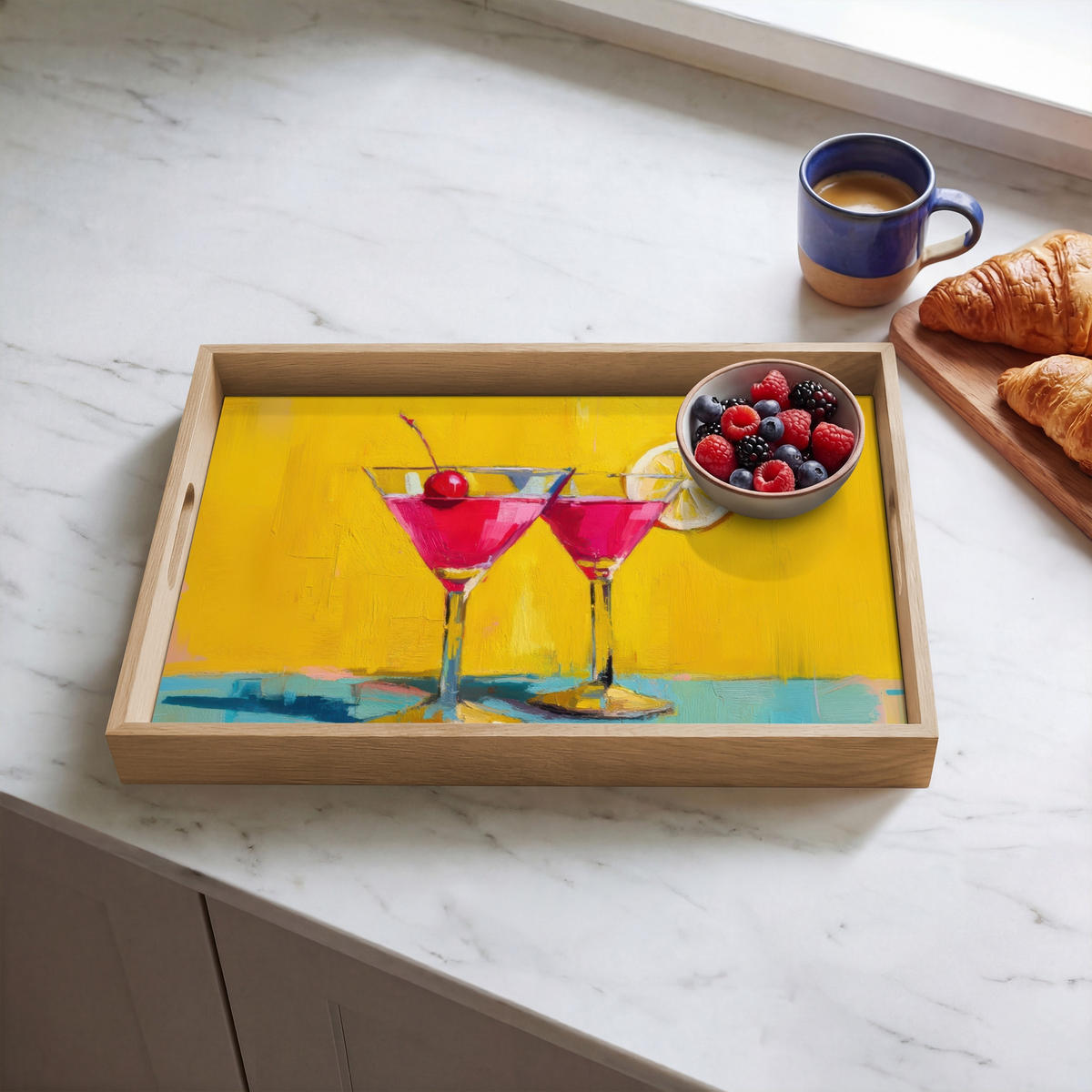 SERVÍROVACÍ PODNOS Sklenice - Koktejl - Citron - Třešeň 50x35 cm - žlutá, dřevo (50/5/5cm) - OnlyWow