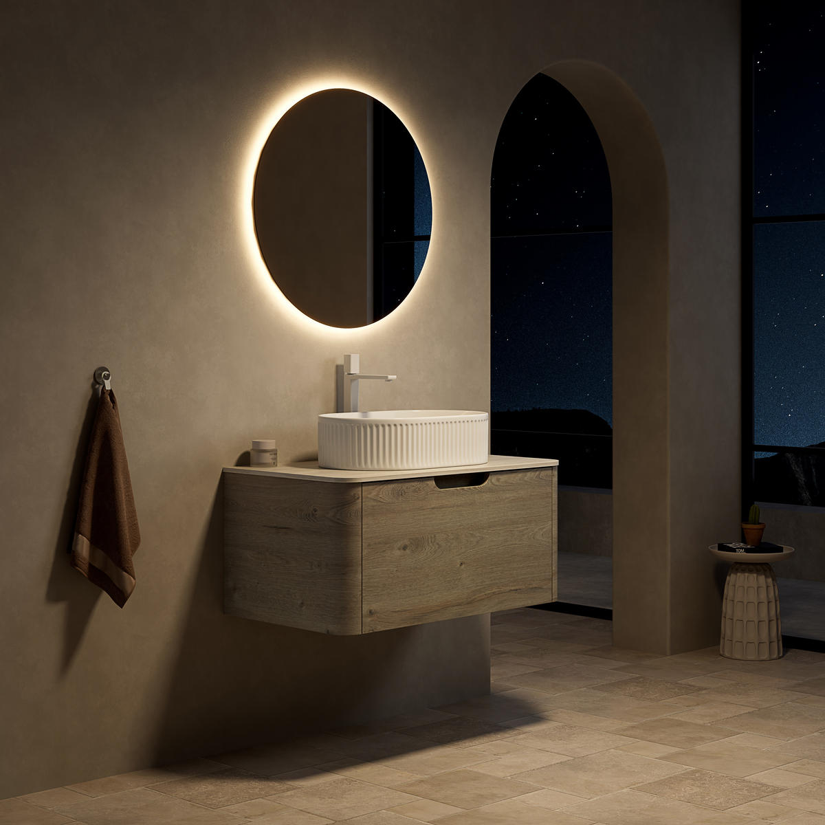 WASCHTISCHUNTERSCHRANK 80x46x50.2cm Beige/Weiß mit ovalem Keramikbecken & Travertin-Arbeitsplatte - Creme, Keramik (80/50.2/46cm) - Modfu