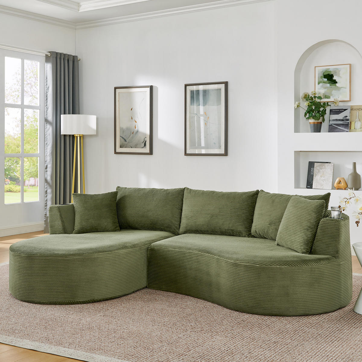 3-SITZER-SOFA mit Getränkehaltern, Kissen und bogenförmigem Design aus Kordstoff und Schaumstoff, Grün - Grün, Kunststoff (264/76/168cm) - Redom