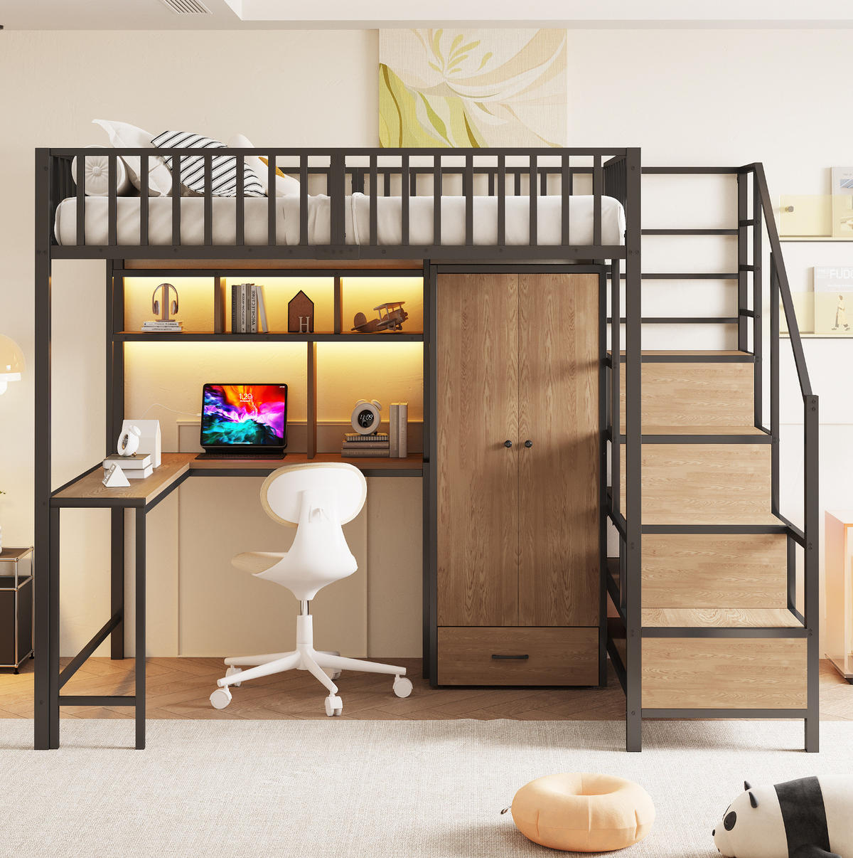 HOCHBETT 140/200 cm mit Schreibtisch, Kleiderschrank, Regalen, LED und Steckdosen, Schwarz - Schwarz, Metall (140/200cm) - Redom