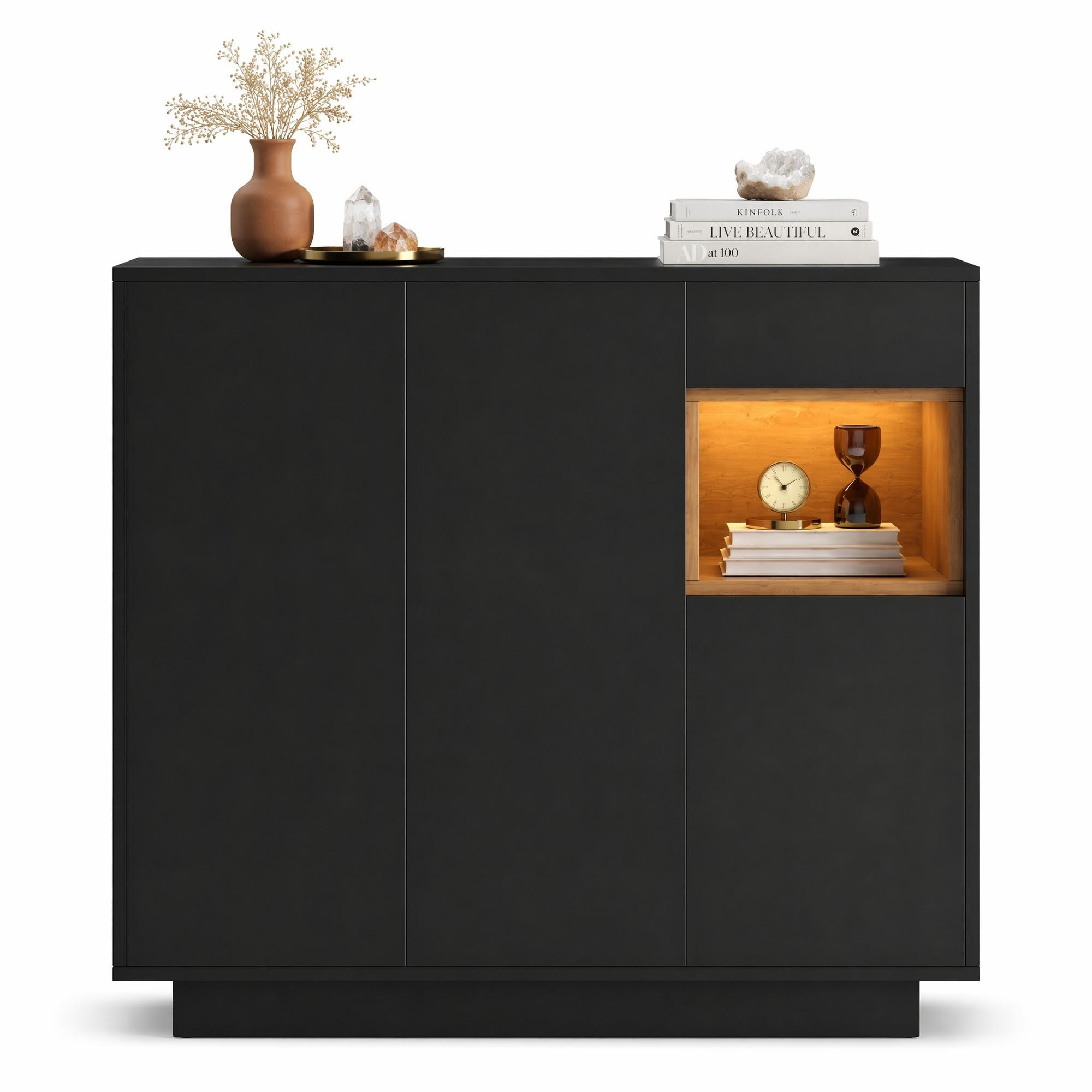 SCHUHSCHRANK in Schwarz und Naturfarben mit LED-Beleuchtung für 14–18 Paar Schuhe, B105/T39.5/H100.5 cm - Schwarz/Naturfarben, Holzwerkstoff/Metall (105/100.5/39.5cm) - STILVORA
