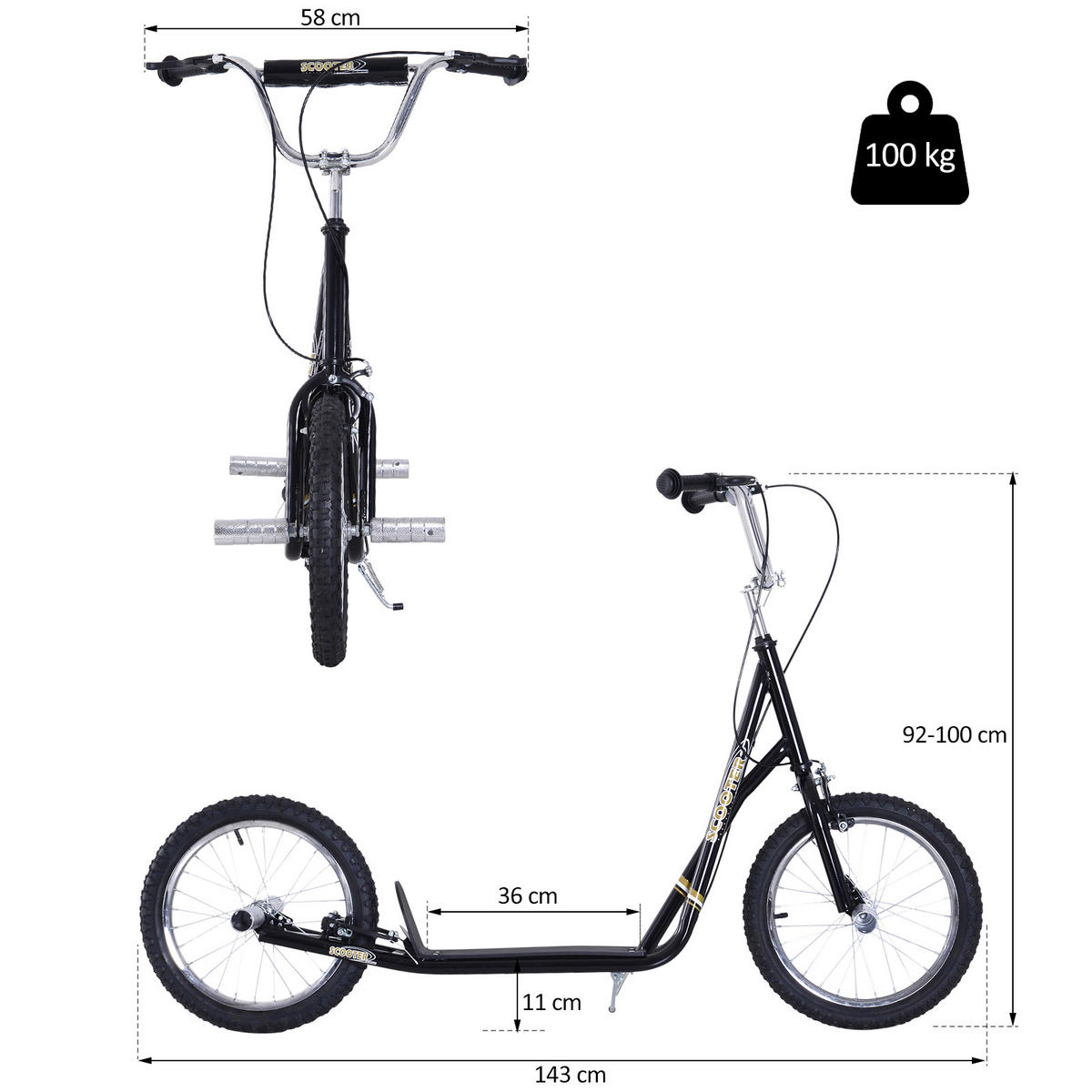 KINDERROLLER mit Luftreifen Scooter Roller Kinder Roller Kickboard 16'' Schwarz - Schwarz, Metall (143/58/100cm) - HOMCOM