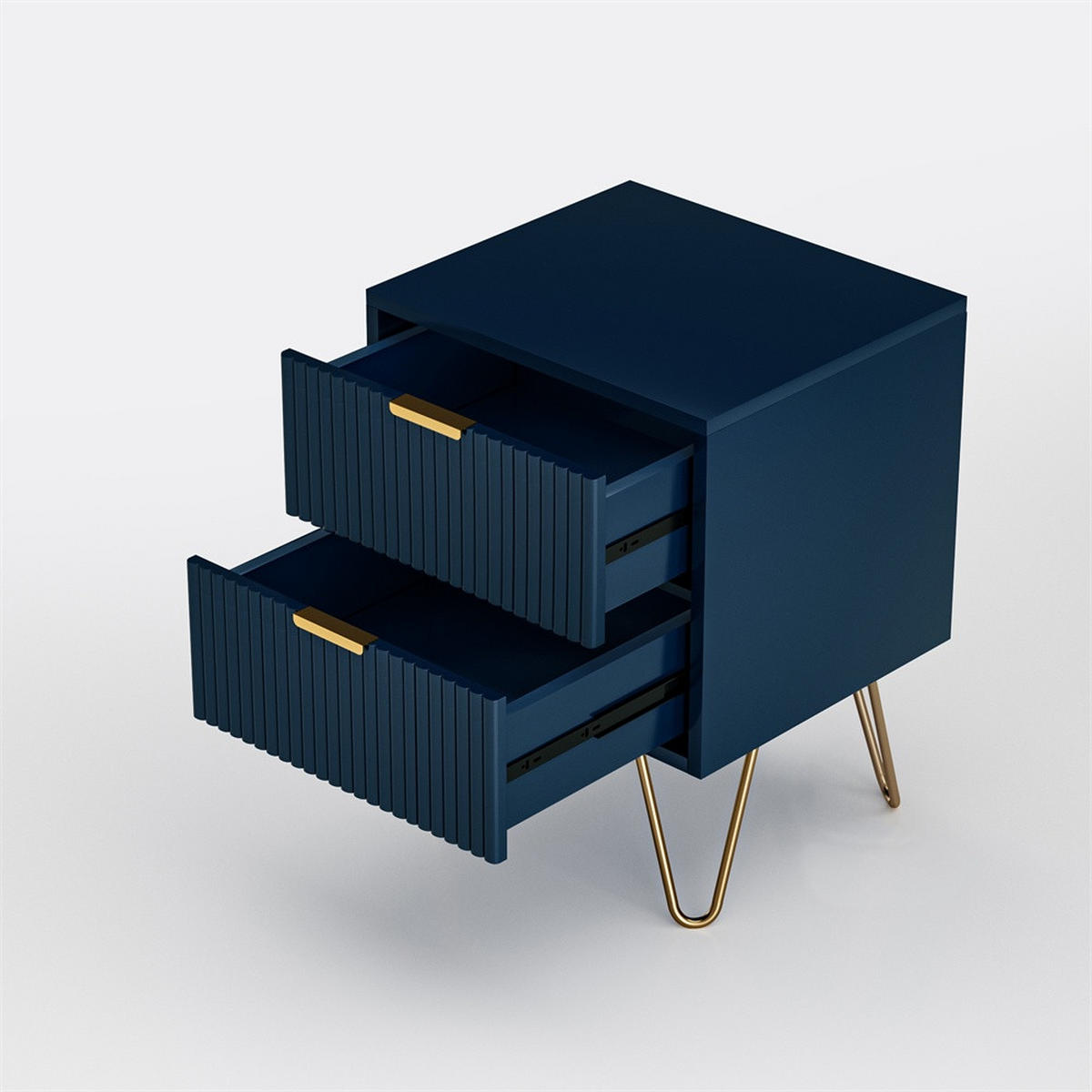 NACHTTISCH mit 2 Schubladen - Rillenstruktur & Goldene Beine - Goldene Griffe - Dunkelblau - Dunkelblau, Holzwerkstoff (40/50/35.5cm) - DELFA