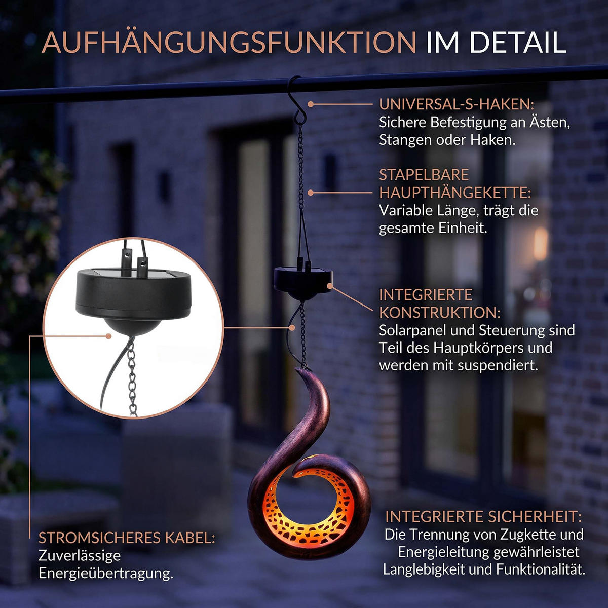 SOLAR-LED-GARTENLEUCHTE Dämmerungssensor Rostoptik Metall 17x7x60 cm Flamme hängend - Rostfarben, Metall (17/7/60cm) - Northpoint