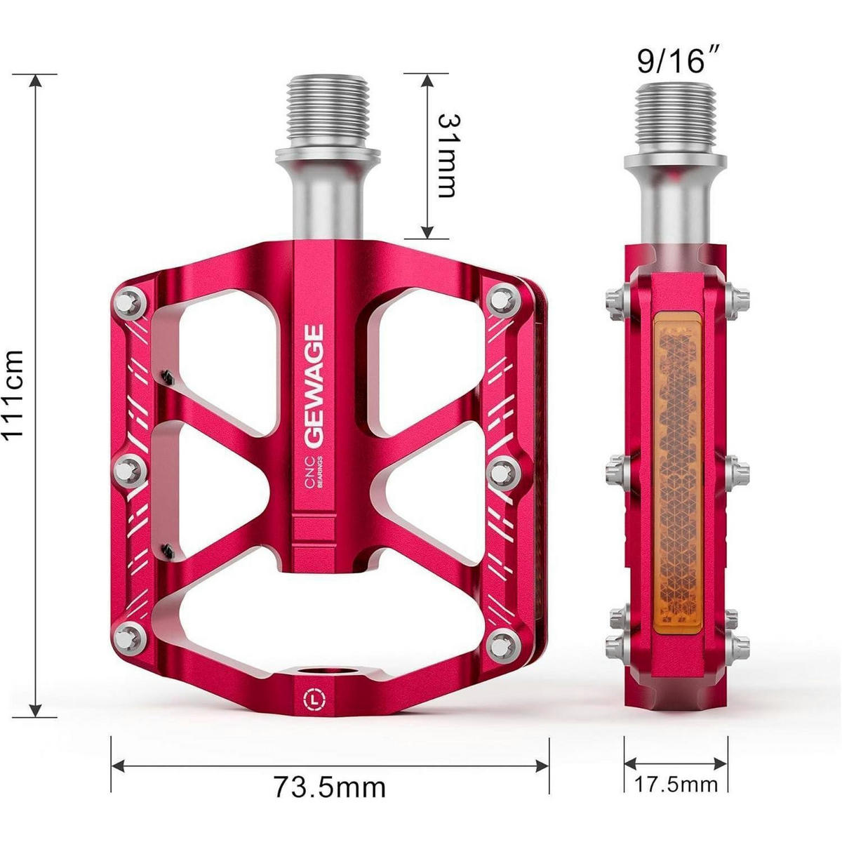 FAHRRAD Pedale Rot Aluminium mit Reflektoren - Rot, Metall (7.4/1.5/11cm)