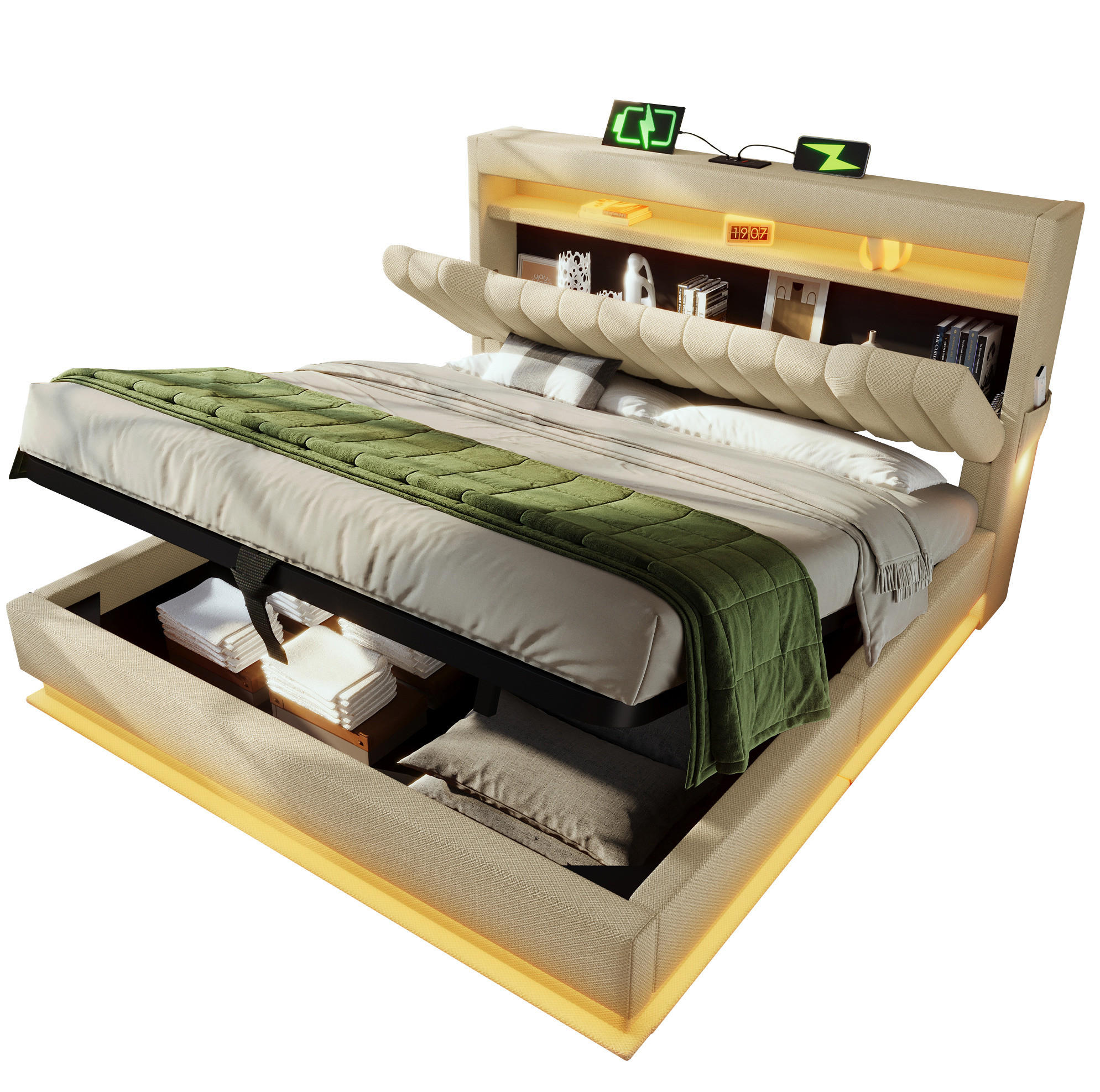 POLSTERBETT 140/200 cm Beige aus Leinen mit Stauraum, LED-Beleuchtung und USB - Beige, Textil (140/200cm) - Flora Grace
