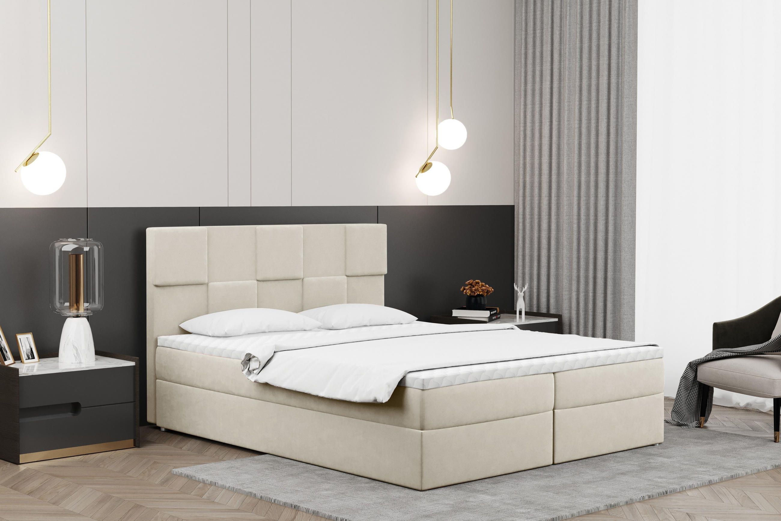 BOXBETT mit Bettkasten und Matratze CLARA Stoff Velvet Ecru 160x200 cm H3-Bonell - Ecru, Holz/Textil (160/200cm) - Kaiser Möbel