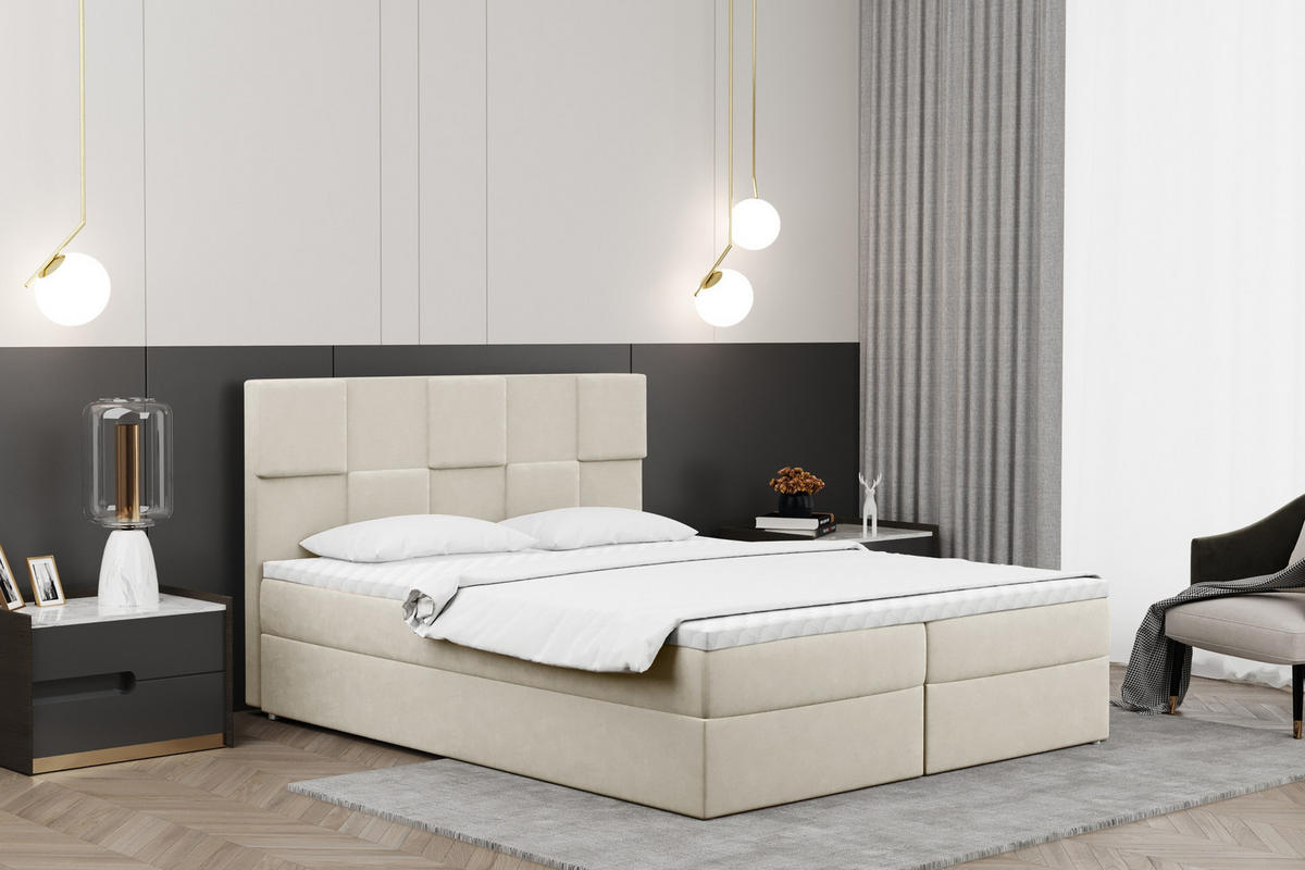 BOXBETT mit Bettkasten und Matratze CLARA Stoff Velvet Ecru 140x200 cm H3-Bonell - Ecru, Holz/Textil (140/200cm) - Kaiser Möbel
