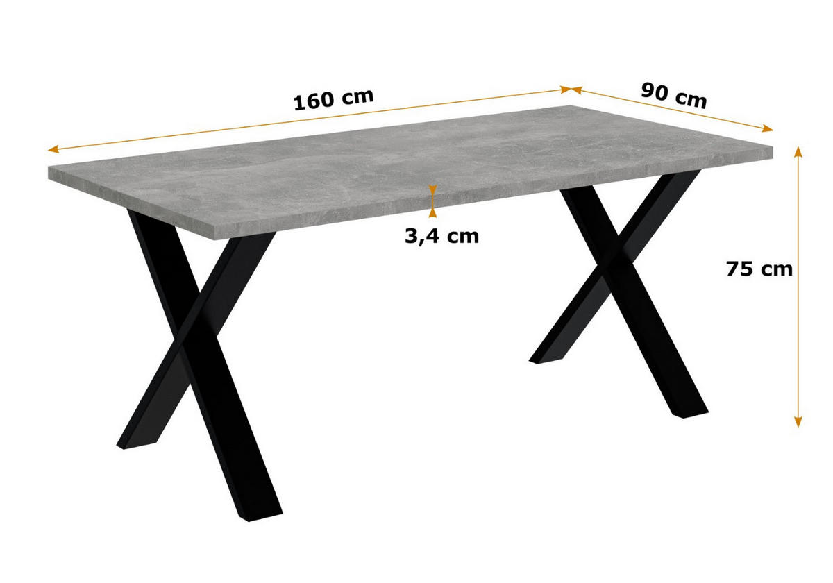 ESSTISCH 160x90x75 cm - Betonoptik / Schwarz - KLYN X - Grau, Holzwerkstoff (160/90/75cm) - ALTDECOR