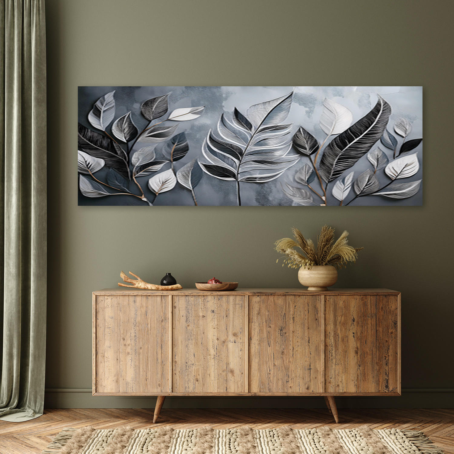WANDBILD minimalismus silberblätter natur botanik - Silberfarben, Textil (90/30cm) - Feeby