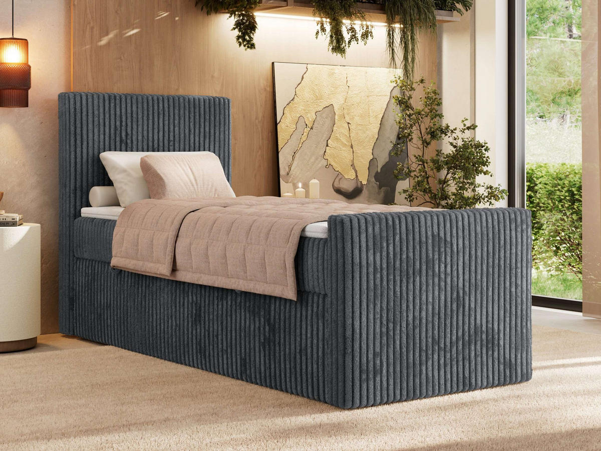 BOXBETT TILIANO DUO 90/200 - Grau Cord - H4 - Topper Visco - Links Seite - Grau, Textil (90/200cm) - MKS