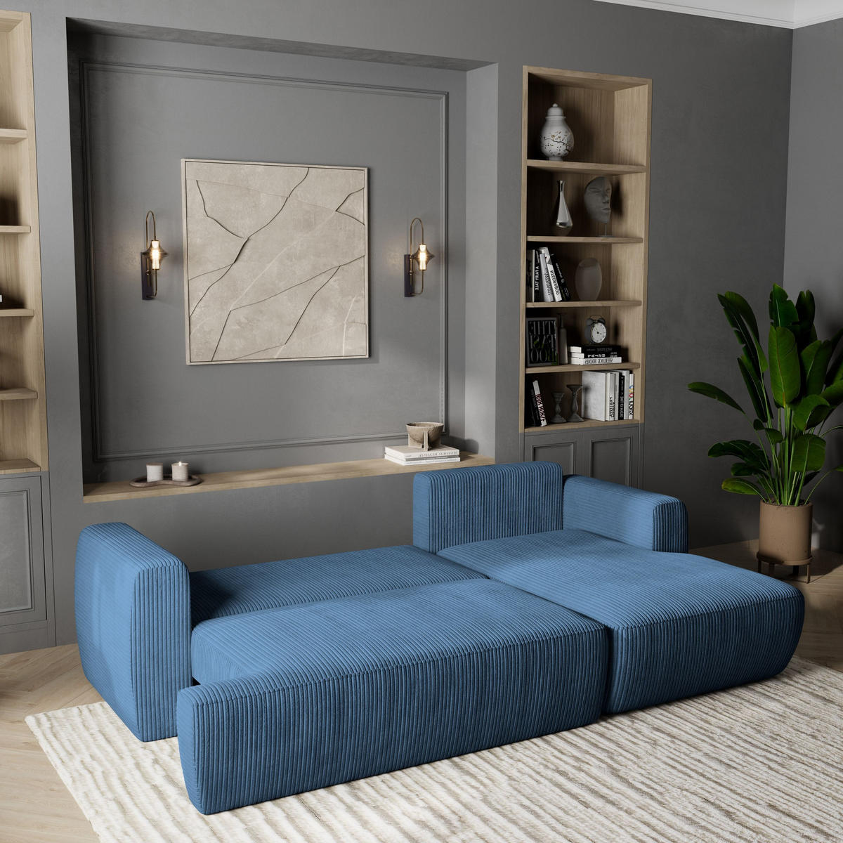 ECKSOFA SENTI P R-S Blau Kordstoff mit Schlaffunktion - Blau, Holz (246/148cm) - MASSENO