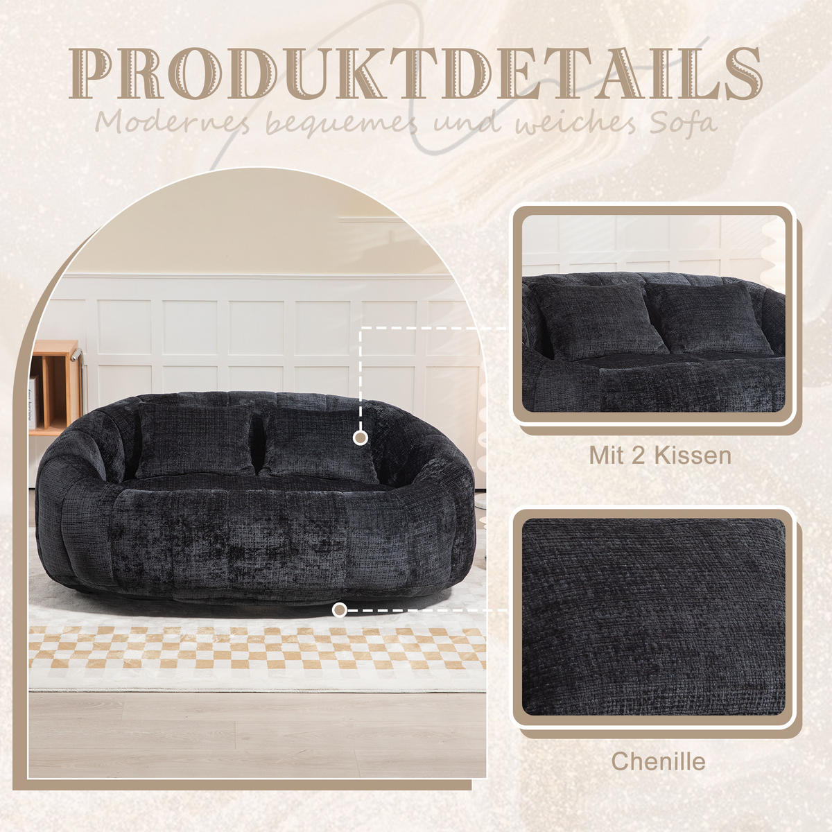 BEAN BAG SOFA – Komfortabler Lazy Lounger mit hochdichtem Memory - Schwarz, Textil (150/63/95cm) - Urban Meuble