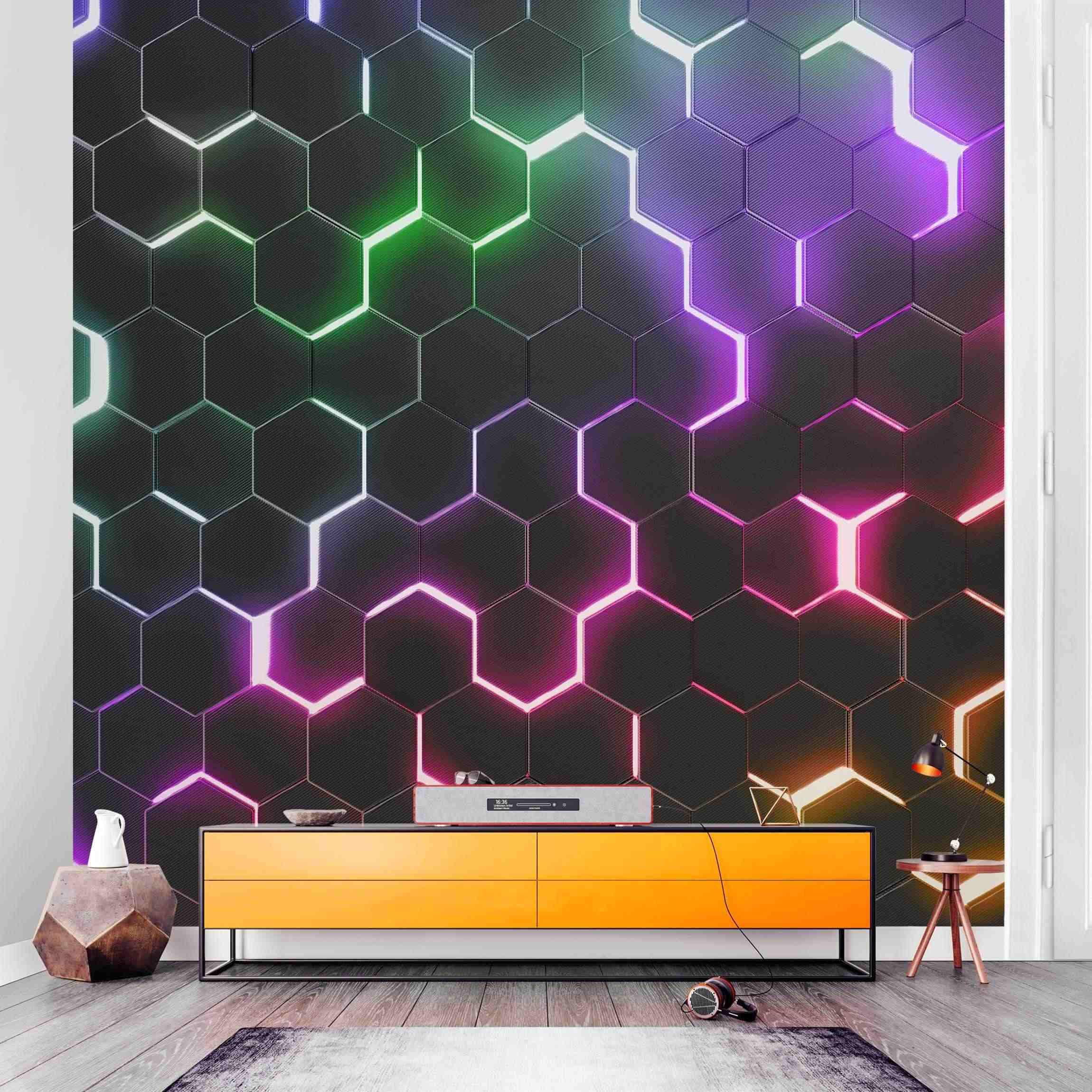 FOTOTAPETE Strukturierte Hexagone mit Neonlicht 240/240 cm - Multicolor, Papier (240/240cm) - Bilderwelten