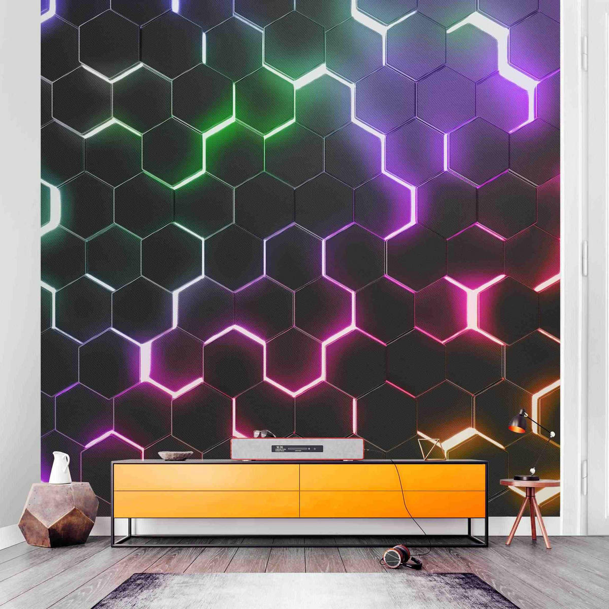 FOTOTAPETE Strukturierte Hexagone mit Neonlicht 240/240 cm - Multicolor, Papier (240/240cm) - Bilderwelten