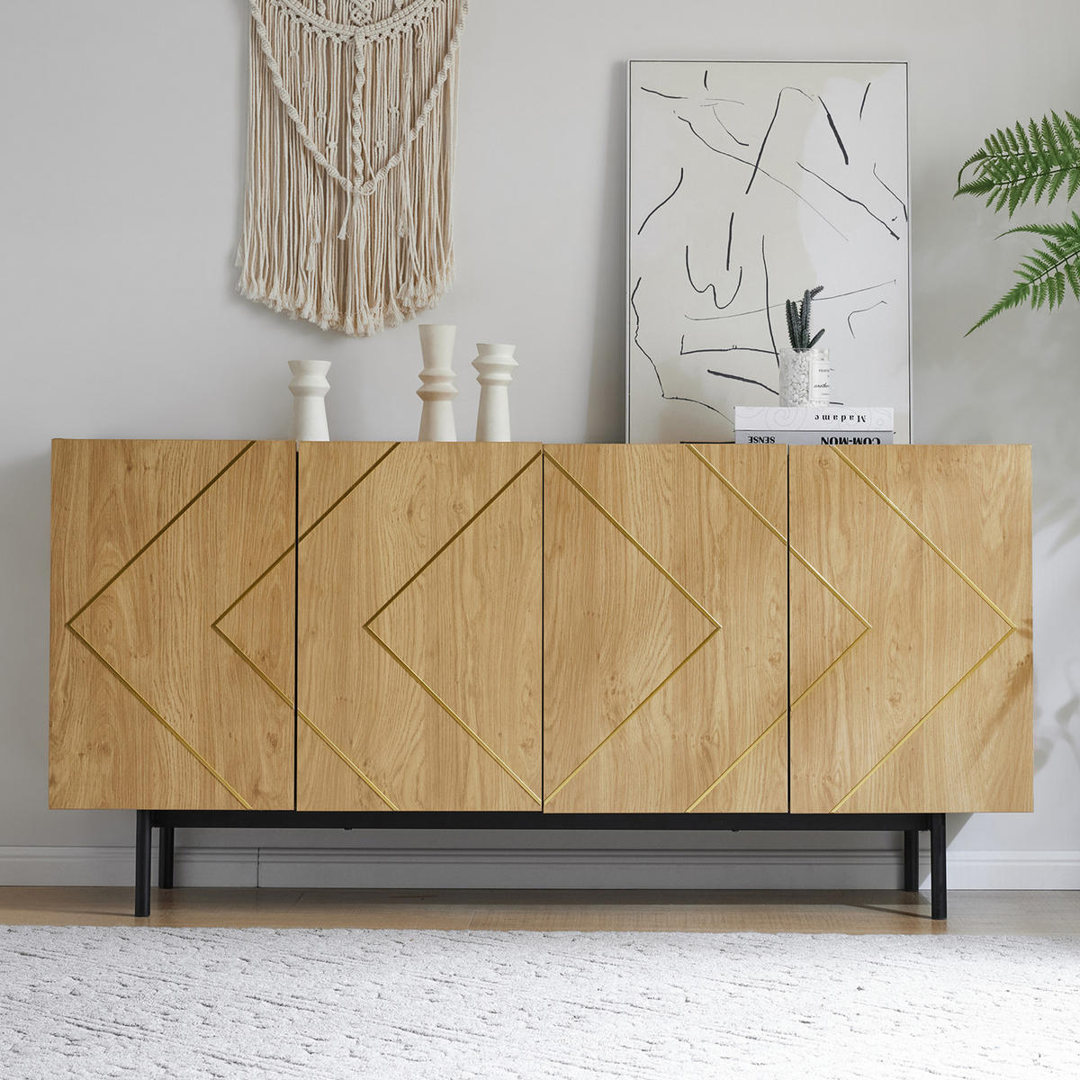 SIDEBOARD in Naturfarben Kommode mit 4 Türen Metall Inlay Kommode Anrichte für Wohnzimmer Flur ,B160/T40/H78cm - Schwarz/Naturfarben, Holzwerkstoff/Metall (160/78/40cm) - STILVORA