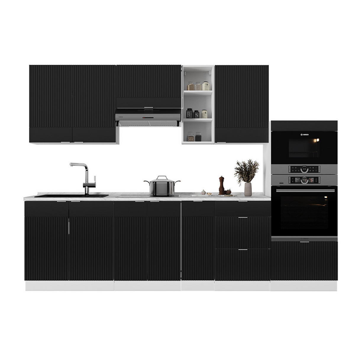 KÜCHENZEILE Fame-Line, Schwarz gestreift/Weiß, 280 cm, AP Eiche - Schwarz/Weiß, Holzwerkstoff (280/81.6/60cm) - Vicco