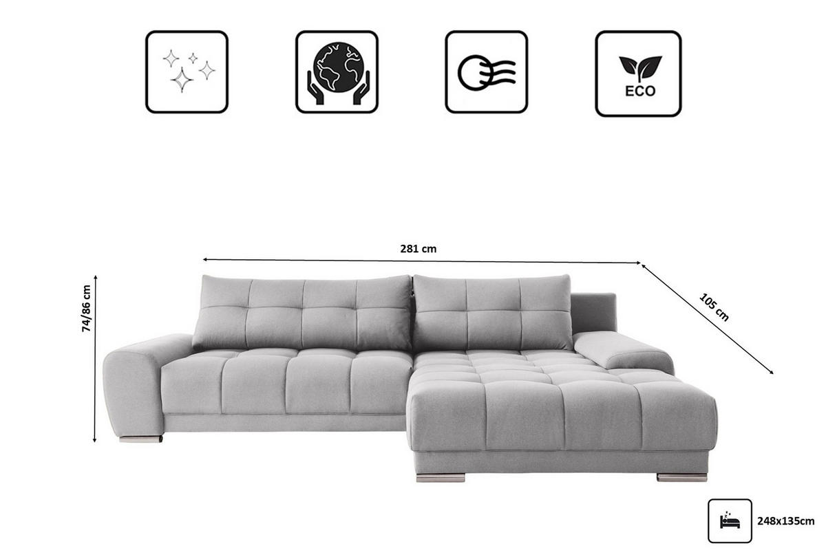 ECKSOFA WAVE Mit Schlaffunktion, Stoff SORO, Hellgrau Rechts - Hellgrau, Holz (281/105cm) - Kaiser Möbel