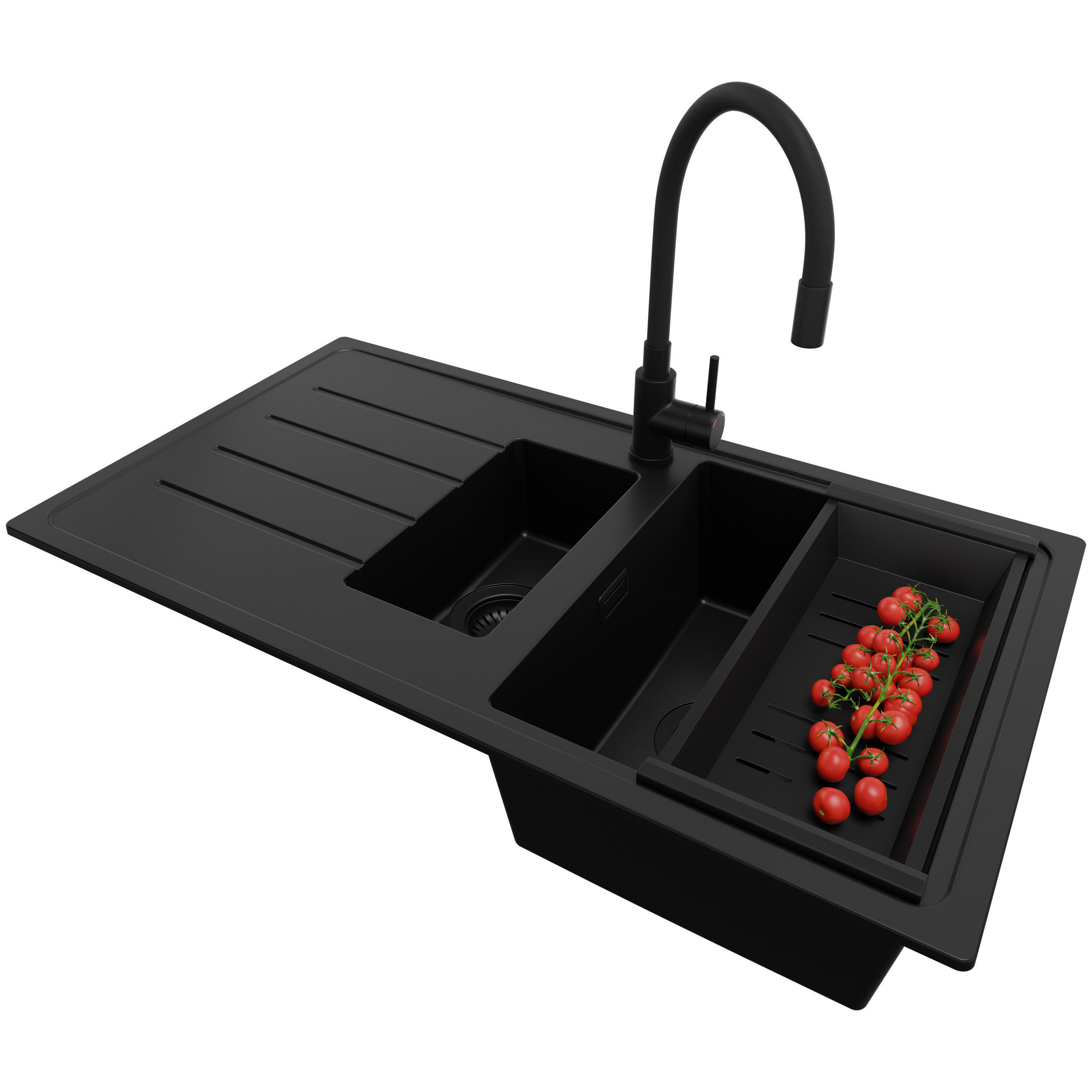 GRANITSPÜLE - Kopenhagen, 3-er set Alles Schwarz 90/50 cm, 1,5 Becken + Küchenarmatur 38/14 cm + Ablauf-Set ab 60er Unterschrank - Schwarz, Kunststoff (90/19/48cm) - Primagran