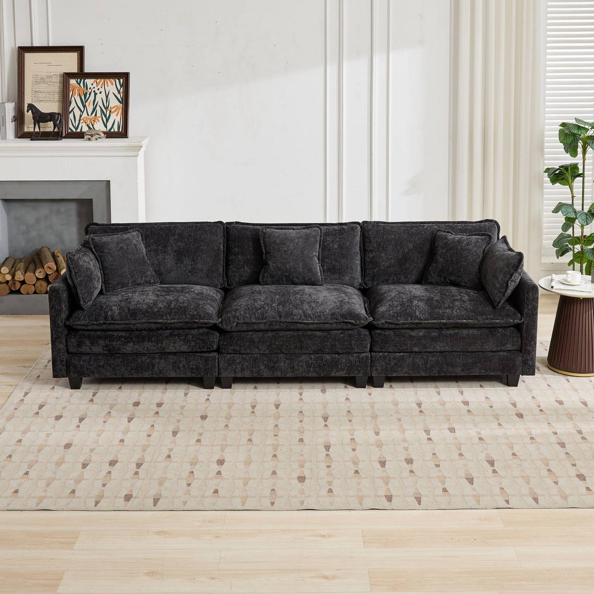SOFA modular 3-Sitzer Chenille Schwarz - Schwarz, Holz (75/84/289cm) - Meubliv