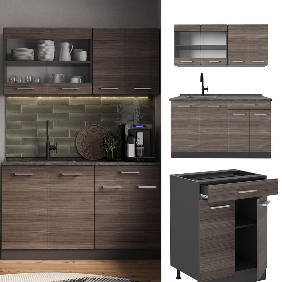SINGLEKÜCHE R-Line Edelgrau/Anthrazit 140 cm ohne Arbeitsplatte - Anthrazit/Braun, Holzwerkstoff (140/81.6/46cm) - Vicco