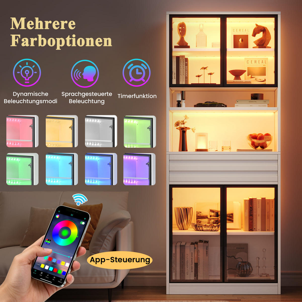 VITRINE 80x35x200 cm Weiß mit RGB LED und 4 Glastüren - Weiß, Holzwerkstoff (80/200/35cm) - FLIEKS