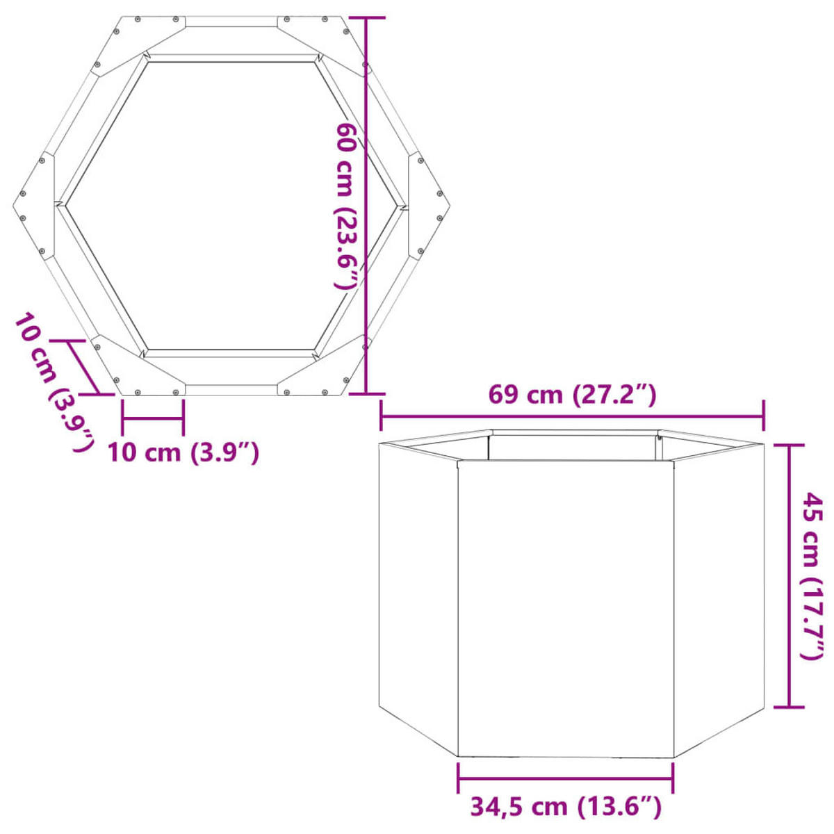 PFLANZKÜBEL Anthrazit Sechseckig 69/60/45 Stahl - Anthrazit, Metall (69/45/60cm) - vidaXL