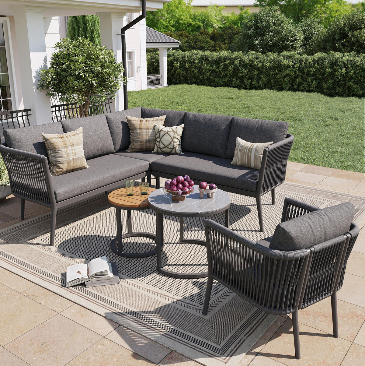 GARTENLOUNGE-SET modular 6-tlg. Grau mit 2 Tischen - Grau, Metall - Beauniv