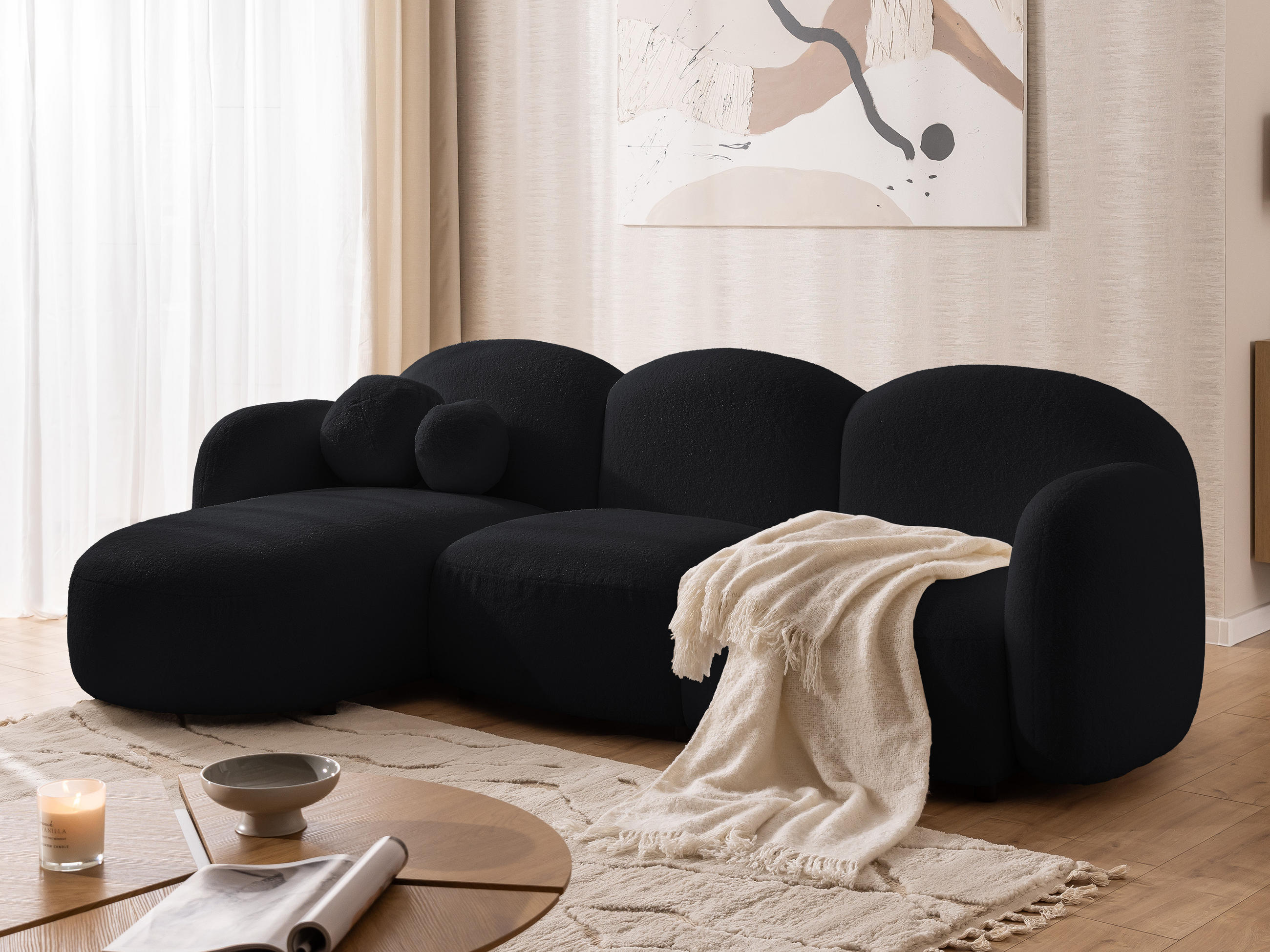 ECKSOFA Nuvola mit abgerundetem Design Schwarz Bouclé-Stoff - Ottomane Links - Schwarz, Holz/Kunststoff (268/146cm) - S-Style Möbel
