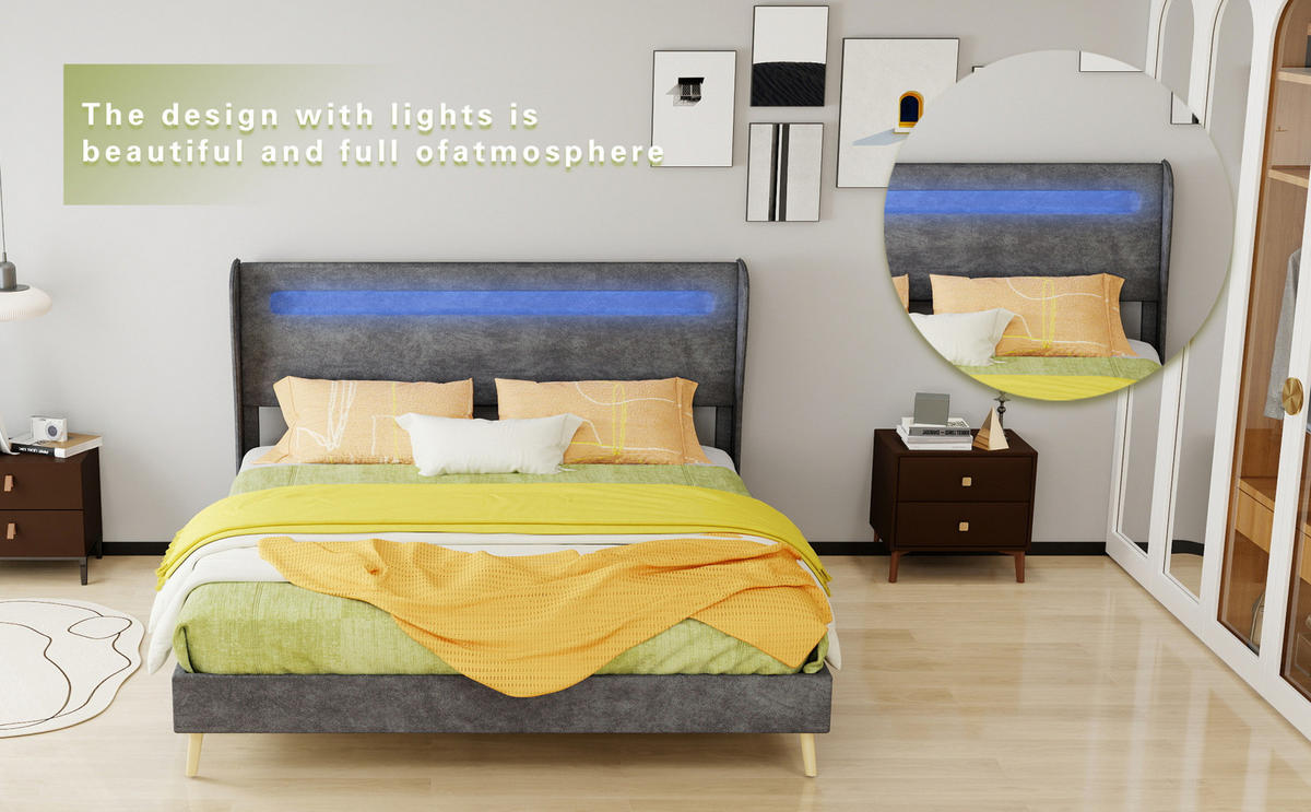 POLSTERBETT 160/200 cm mit verstellbarer Rückenlehne und LED-Beleuchtung, Grau - Grau, Textil (160/200cm) - Redom