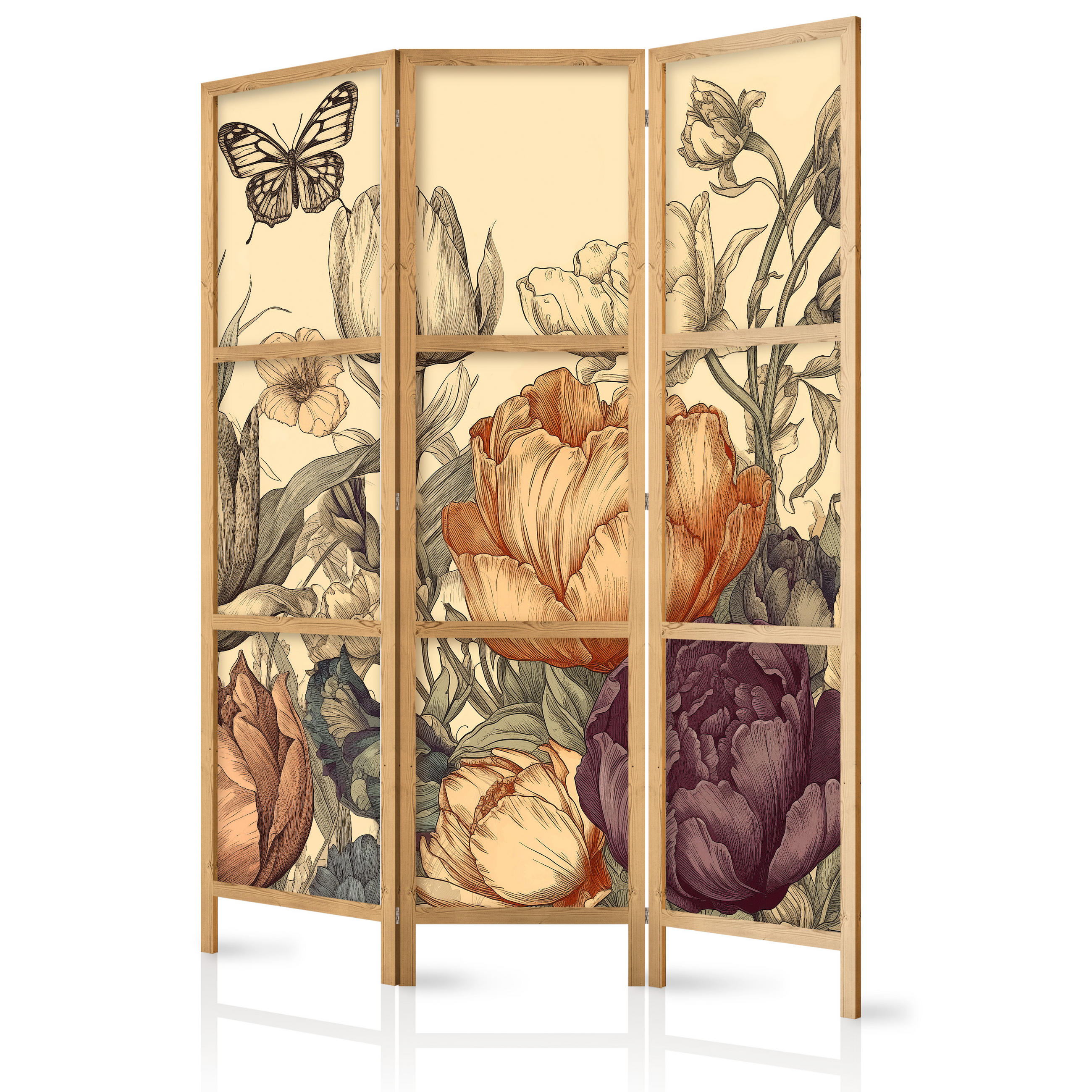 PARAVENT Japanischer 3-tlg 135x172 cm Bunte Blumen Retro - Multicolor, Holz/Textil (135/172/3cm) - Muralo