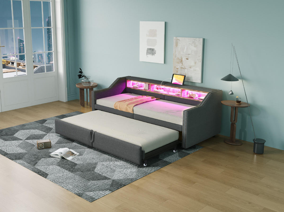 BETT 90/180/200 cm dunkelgrau aus Leinen mit USB-Buchse und LED-Licht - Dunkelgrau, Textil (90/200cm) - OKMYHOME