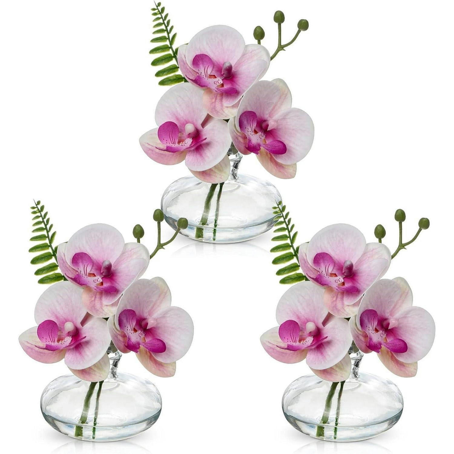 KUNSTBLUMEN 3er Set Kunstorchidee Phalaenopsis mit Glasvase Rosa - Rosa, Kunststoff (12cm)