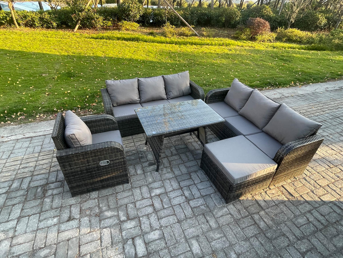 GARTENSET Hohe Rückenlehne Polyrattan 8-Sitzer - Dunkelgrau/Grau, Glas/Kunststoff - Fimous