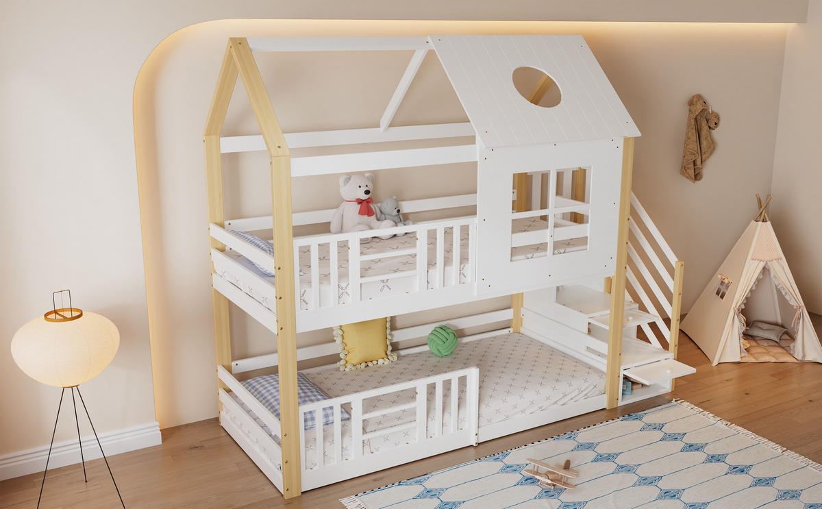 ETAGENBETT 90x200 cm Haus Treppe weiß - Weiß, Holz (90/200cm) - LEBENLANG